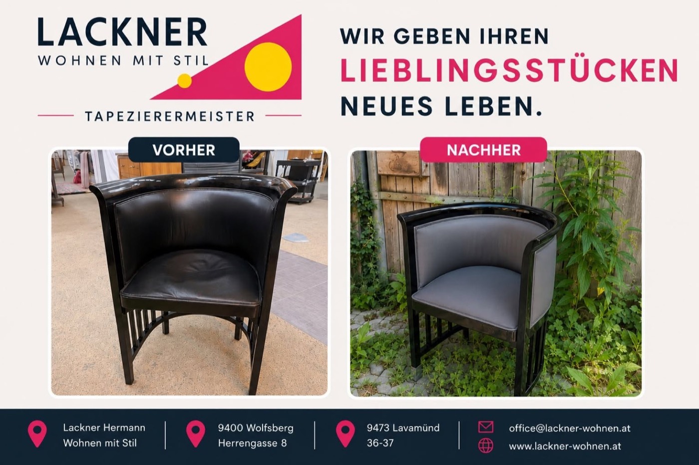Vorher-Nachher: schwarzer Clubsessel mit abgenutztem Leder, neu bezogen mit grauem Stoff